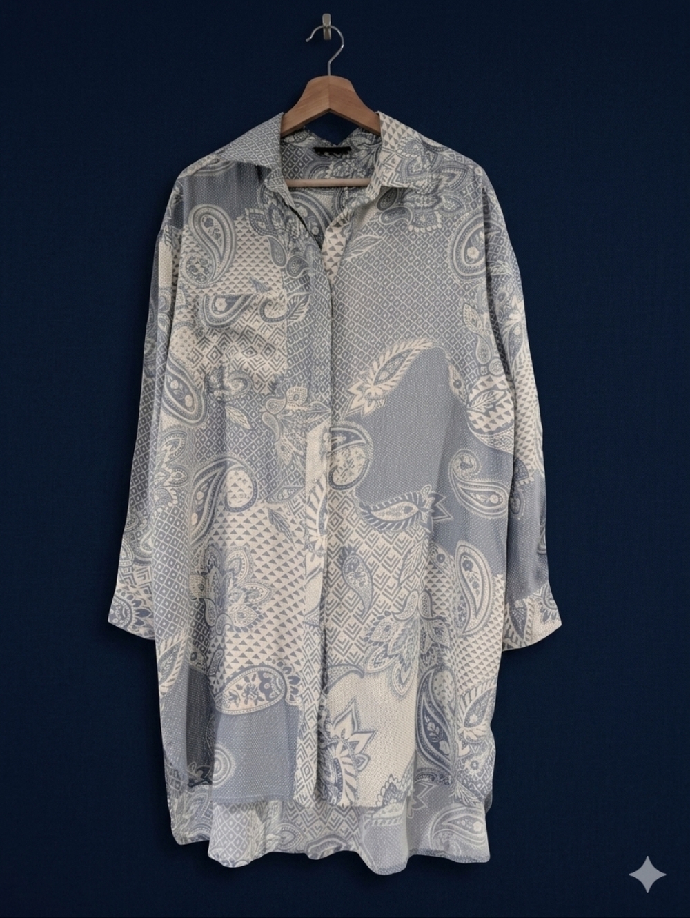 VICI Blue & White Paisley Mixed Print Shirt Dress Size Large Oversized High-Low